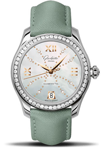 Glashütte Original Lady Serenade - Steel Case - Diamond Bezel - Mother-Of-Pearl White Dial - Green Calfskin Strap - Folding Buckle