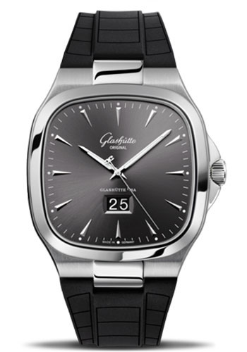 Glashütte Original Seventies Panorama Date - Steel Case - Ruthenium Dial - Black Rubber Strap - Folding Buckle