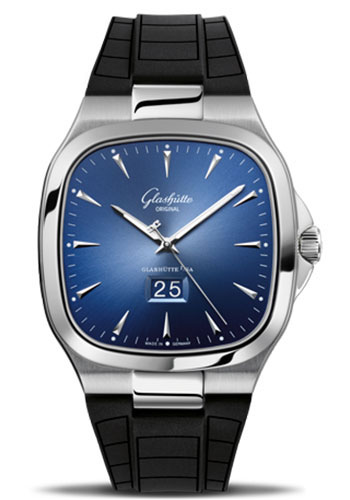 Glashütte Original Seventies Panorama Date - Steel Case - Blue Dial - Black Rubber Strap - Folding Buckle