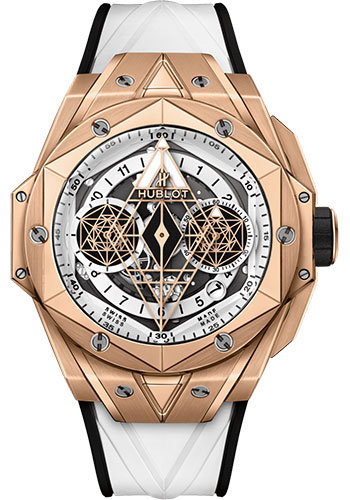 Hublot Big Bang Sang Bleu II King Gold White Watch - 45 mm - White Skeleton Dial - White and Black Rubber Strap