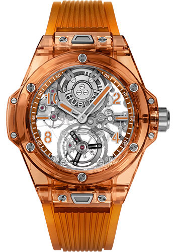 Hublot Big Bang Tourbillon Automatic Orange Sapphire Watch - 45 mm - Sapphire Dial - Transparent Orange Rubber Strap