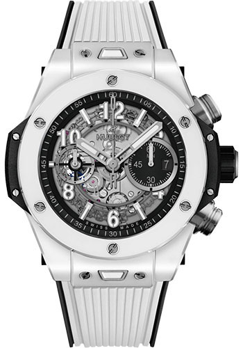 Hublot Big Bang Unico White Ceramic Watch - 44 mm - Black Skeleton Dial - Black and White Rubber Strap