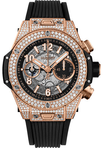 Hublot Big Bang Unico King Gold Pavé Watch - 44 mm - Black Skeleton Dial - Black Rubber Strap