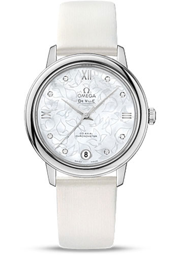 Omega De Ville Prestige Co-Axial Watch - 32.7 mm Steel Case - Mother-Of-Pearl Diamond Dial - White Satin-Brushed Leather Strap