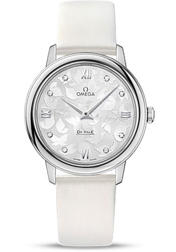 Omega De Ville Prestige Quartz Watch - 32.7 mm Steel Case - Silver Dial - White Satin-Brushed Leather Strap