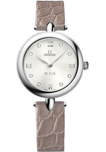 Omega De Ville Prestige Quartz Dewdrop Watch - 27.4 mm Steel Case - Silvery-Sun Dial - Leather Strap