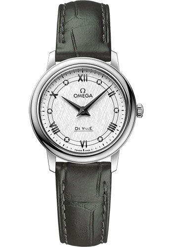 Omega De Ville Prestige Quartz Watch - 27.4 mm Steel Case - White Silvery Dial - Hunter Green Leather Strap