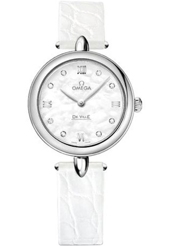 Omega De Ville Prestige Quartz Dewdrop Watch - 27.4 mm Steel Case - Mother-Of-Pearl Dial - Leather Strap