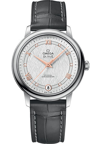 Omega De Ville Prestige Co-Axial Watch - 32.7 mm Steel Case - White Silvery Dial - Grey Leather Strap