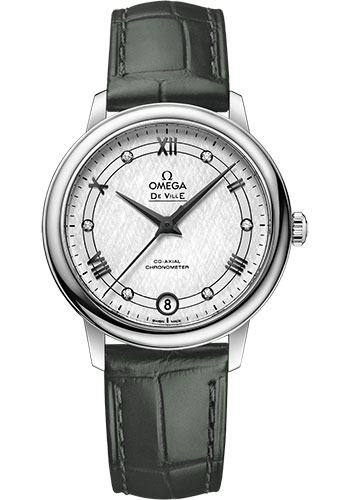 Omega De Ville Prestige Co-Axial Watch - 32.7 mm Steel Case - White Silvery Dial - Hunter Green Leather Strap