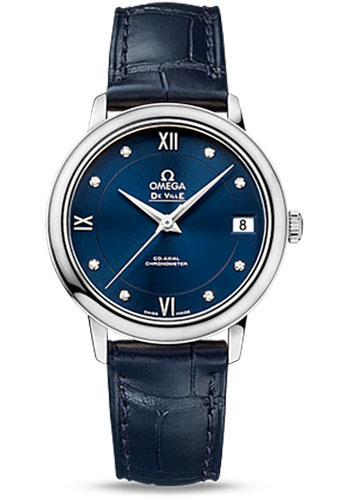Omega De Ville Prestige Co-Axial Watch - 32.7 mm Steel Case - Blue Diamond Dial - Blue Leather Strap