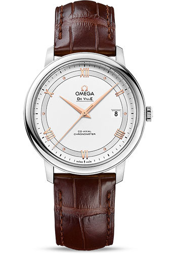 Omega De Ville Prestige Co-Axial Watch - 39.5 mm Steel Case - Silver Dial - Brown Leather Strap