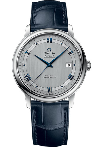 Omega De Ville Prestige Co-Axial Watch - 39.5 mm Steel Case - Rhodium-Silvery Dial - Blue Leather Strap