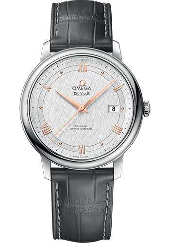 Omega De Ville Prestige Co-Axial Watch - 39.5 mm Steel Case - White Silvery Dial - Grey Leather Strap