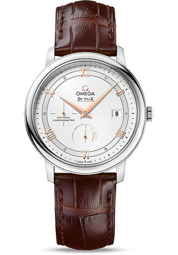 Omega De Ville Prestige Co-Axial Power Reserve Watch - 39.5 mm Steel Case - Silver Dial - Brown Leather Strap