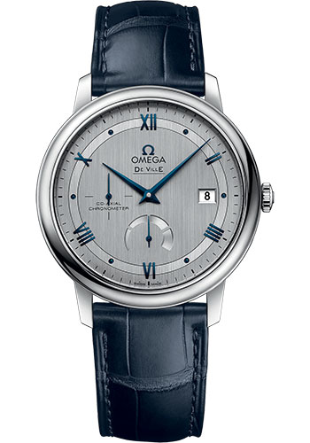 Omega De Ville Prestige Co-Axial Power Reserve Watch - 39.5 mm Steel Case - Rhodium-Silvery Dial - Blue Leather Strap