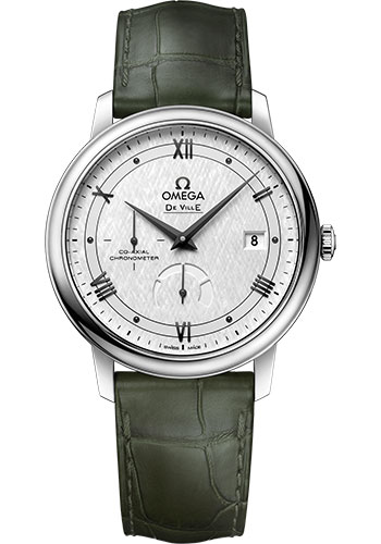 Omega De Ville Prestige Co-Axial Power Reserve Watch - 39.5 mm Steel Case - White Silvery Dial - Hunter Green Leather Strap
