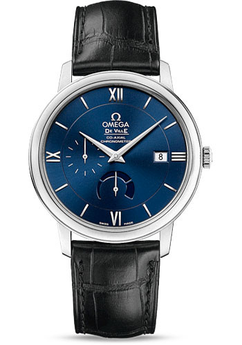 Omega De Ville Prestige Co-Axial Power Reserve Watch - 39.5 mm Steel Case - Blue Dial - Black Leather Strap