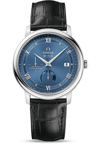 Omega De Ville Prestige Co-Axial Power Reserve Watch - 39.5 mm Steel Case - Blue Dial - Black Leather Strap