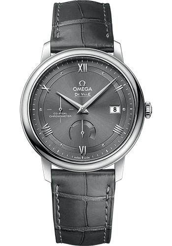 Omega De Ville Prestige Co-Axial Power Reserve Watch - 39.5 mm Steel Case - Grey Dial - Grey Leather Strap