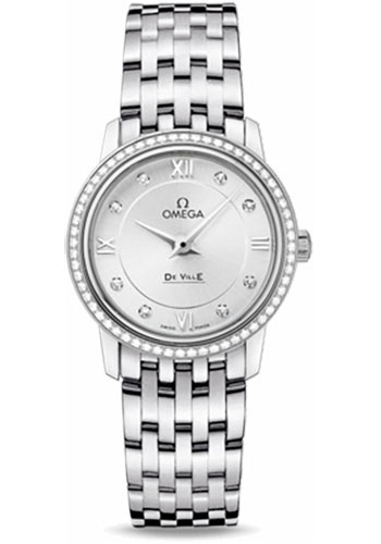 Omega De Ville Prestige Quartz Watch - 27.4 mm Steel Case - Diamond Bezel - Silver Diamond Dial