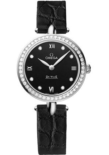 Omega De Ville Prestige Quartz Dewdrop Watch - 27.4 mm Steel Case - Black Dial - Leather Strap
