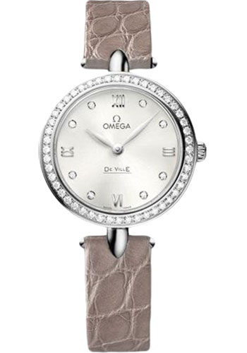 Omega De Ville Prestige Quartz Dewdrop Watch - 27.4 mm Steel Case - Radiant Diamond Paved Bezel - Silvery-Sun Dial - Leather Strap