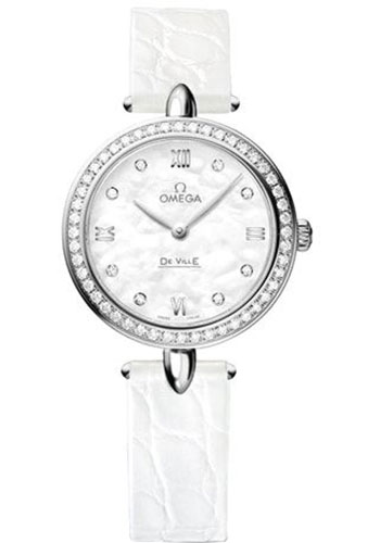 Omega De Ville Prestige Quartz Dewdrop Watch - 27.4 mm Steel Case - Radiant Diamond Paved Bezel - Mother-Of-Pearl Dial - Leather Strap