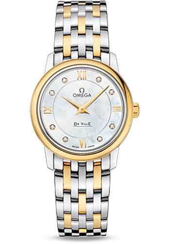 Omega De Ville Prestige Quartz Watch - 27.4 mm Steel Case - Yellow Gold Bezel - Mother-Of-Pearl Diamond Dial - Yellow Gold Bracelet