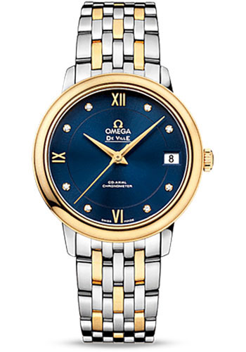 Omega De Ville Prestige Co-Axial Watch - 32.7 mm Steel Case - 18K Yellow Gold Bezel - Blue Diamond Dial - Yellow Gold-Steel Bracelet