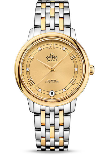 Omega De Ville Prestige Co-Axial Watch - 32.7 mm Steel Case - Yellow Gold Bezel - Champagne Diamond Dial - Steel And Yellow Gold Bracelet
