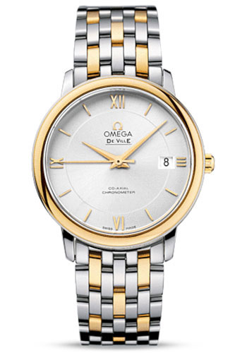 Omega De Ville Prestige Co-Axial Watch - 36.8 mm Steel Case - Yellow Gold Bezel - Silver Dial - Yellow Gold Bracelet