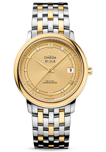 Omega De Ville Prestige Co-Axial Watch - 36.8 mm Steel Case - Yellow Gold Bezel - Champagne Diamond Dial - Steel And Yellow Gold Bracelet