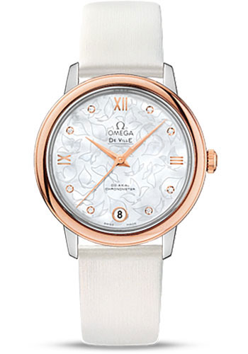 Omega De Ville Prestige Co-Axial Watch - 32.7 mm Steel Case - Red Gold Bezel - Mother-Of-Pearl Diamond Dial - White Satin-Brushed Leather Strap