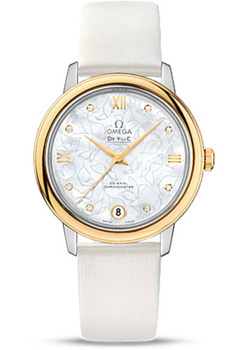 Omega De Ville Prestige Co-Axial Watch - 32.7 mm Steel Case - Yellow Gold Bezel - Mother-Of-Pearl Diamond Dial - White Satin-Brushed Leather Strap
