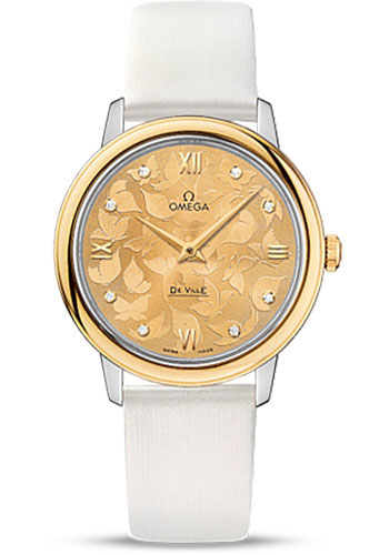 Omega De Ville Prestige Quartz Watch - 32.7 mm Steel Case - Yellow Gold Bezel - Champagne Diamond Dial - White Satin-Brushed Leather Strap