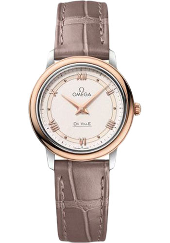 Omega De Ville Prestige Quartz Watch - 27.4 mm Steel And Red Gold Case - Varnished Shimmer Ivory-Beige Dial - Taupe-Brown Leather Strap