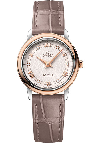Omega De Ville Prestige Quartz Watch - 27.4 mm Steel And Red Gold Case - Ivory Silvery Dial - Taupe-Brown Leather Strap