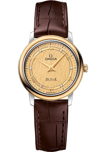 Omega De Ville Prestige Quartz Watch - 27.4 mm Steel And Yellow Gold Case - Champagne Dial - Brown Leather Strap
