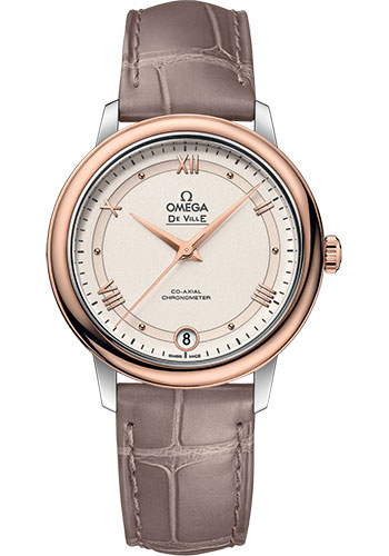 Omega De Ville Prestige Co-Axial Watch - 32.7 mm Steel And Red Gold Case - Varnished Shimmer Ivory-Beige Dial - Taupe-Brown Leather Strap
