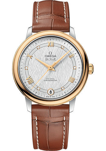 Omega De Ville Prestige Co-Axial Watch - 32.7 mm Steel And Yellow Gold Case - White Silvery Dial - Light Brown Leather Strap