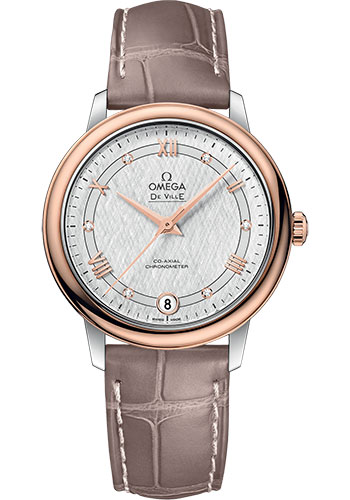 Omega De Ville Prestige Co-Axial Watch - 32.7 mm Steel And Red Gold Case - White Silvery Dial - Taupe-Brown Leather Strap
