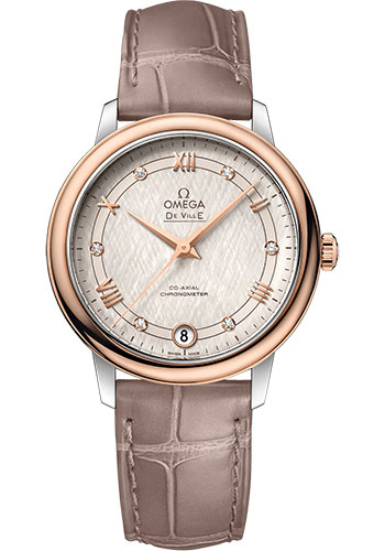 Omega De Ville Prestige Co-Axial Watch - 32.7 mm Steel And Red Gold Case - Ivory Silvery Dial - Taupe-Brown Leather Strap