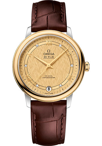 Omega De Ville Prestige Co-Axial Watch - 32.7 mm Steel And Yellow Gold Case - Champagne Dial - Brown Leather Strap