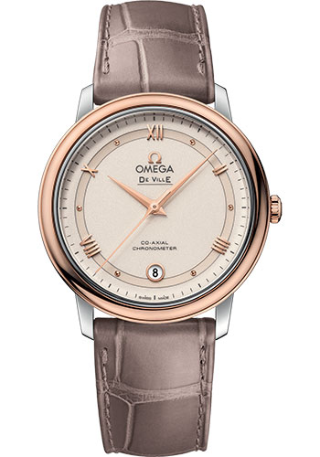 Omega De Ville Prestige Co-Axial Watch - 36.8 mm Steel And Red Gold Case - Varnished Shimmer Ivory-Beige Dial - Taupe-Brown Leather Strap