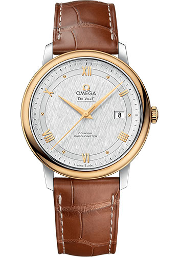 Omega De Ville Prestige Co-Axial Watch - 39.5 mm Steel And Yellow Gold Case - White Silvery Dial - Light Brown Leather Strap
