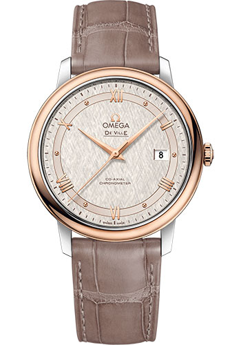 Omega De Ville Prestige Co-Axial Watch - 39.5 mm Steel And Red Gold Case - Ivory Silvery Dial - Taupe-Brown Leather Strap