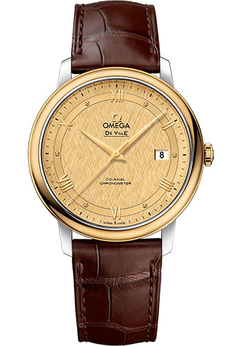 Omega De Ville Prestige Co-Axial Watch - 39.5 mm Steel And Yellow Gold Case - Champagne Dial - Brown Leather Strap