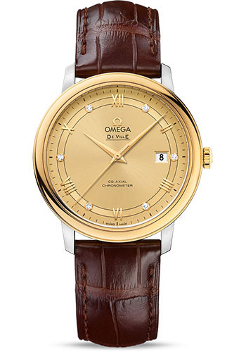 Omega De Ville Prestige Co-Axial Watch - 39.5 mm Steel Case - Yellow Gold Bezel - Champagne Diamond Dial - Brown Leather Strap