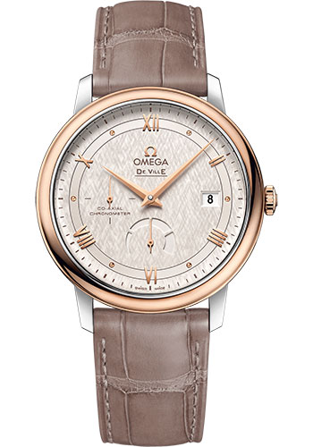 Omega De Ville Prestige Co-Axial Power Reserve Watch - 39.5 mm Steel And Red Gold Case - Ivory Silvery Dial - Taupe-Brown Leather Strap
